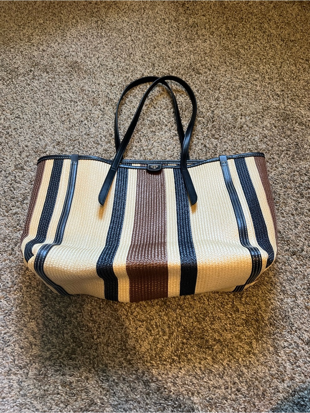 Zara Striped Tote Bag in Cream, Navy & Brown